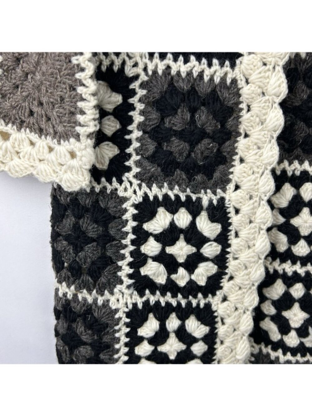 Rhea Wollon Jacket 100% Wool Cardigan L/XL Open Front Collared Crochet Flowers - Picture 16 of 16